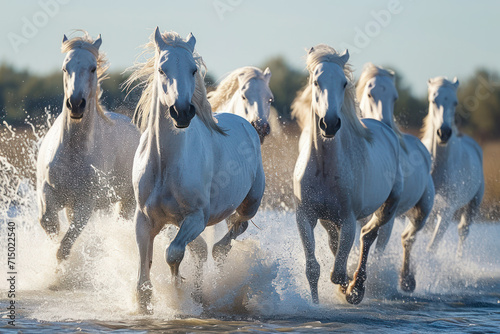 Obraz na płótnie White Wild Horses of Camargue running and splashing on water, Aigues - Mortes, France w salonie
