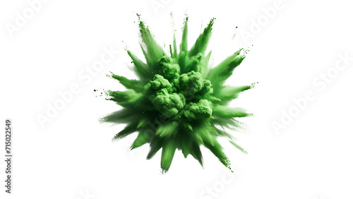 Aerial View of Abstract Upward Explosion of Fine Bright Green Color Powder isolated against transparent background-Artistic.