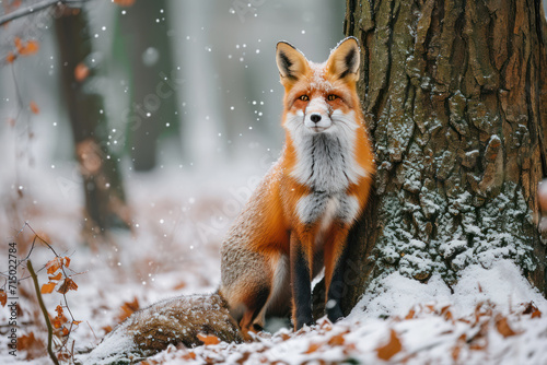 Red fox in the nature forest habitat wide angle lens picture. Animal with tree trunk with first snow. Vulpes vulpes, in green forest during winter