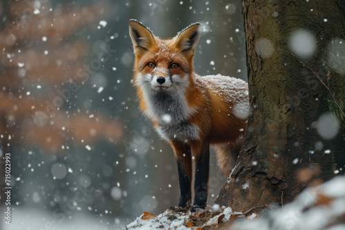 Red fox in the nature forest habitat wide angle lens picture. Animal with tree trunk with first snow. Vulpes vulpes, in green forest during winter