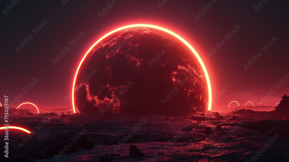  Red glowing eclipse in a dark space setting, with a surreal atmosphere.