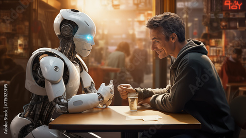 Kind smiling man talking to a humanoid cyborg in a cafe. Friendship of the future. Connection between human and android.