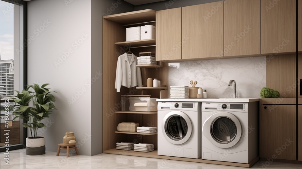 Efficient and Stylish Compact Scandinavian Laundry Area with High-End Appliances and Modern Design - AI-Generative Efficient and Stylish Compact Scandinavian Laundry Area with High-End Appliances and Modern Design - AI-Generative