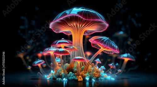 Cluster of neon-lit mushrooms in a surreal, glowing fantasy setting.