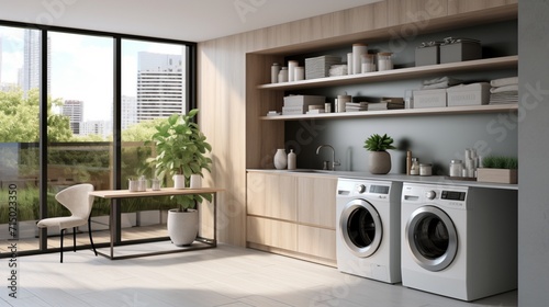 Efficient and Stylish Compact Scandinavian Laundry Area with High-End Appliances and Modern Design - AI-Generative