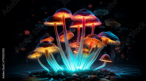 Cluster of neon-lit mushrooms in a surreal, glowing fantasy setting.