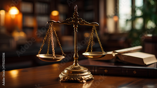 A wooden desk with a scale of justice on top. Suitable for legal and justice-related concepts photo