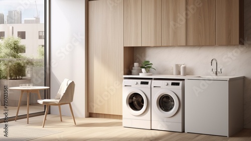 Efficient and Stylish Compact Scandinavian Laundry Area with High-End Appliances and Modern Design - AI-Generative © Being Imaginative