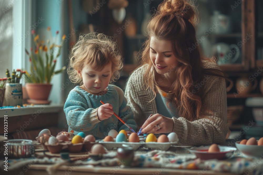 Happy mother and daughter painting easter eggs Happy mother and daughter painting easter eggs