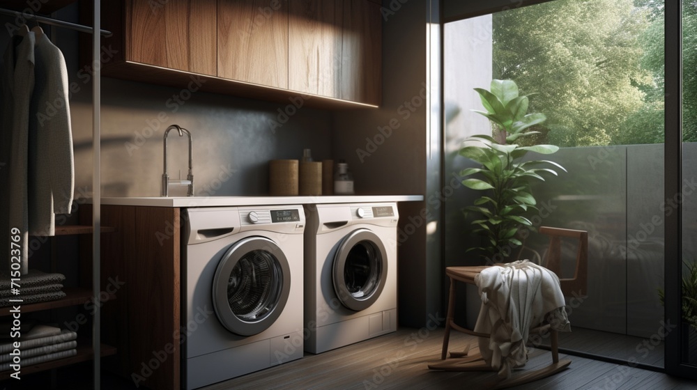 Efficient and Stylish Compact Scandinavian Laundry Area with High-End Appliances and Modern Design - AI-Generative Efficient and Stylish Compact Scandinavian Laundry Area with High-End Appliances and Modern Design - AI-Generative