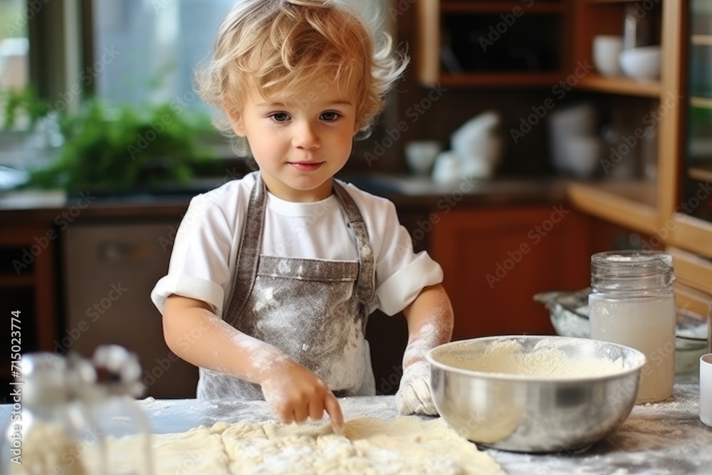 A 2 year old boy touches dough in the kitchen, a modern morning kitchen, with copy space