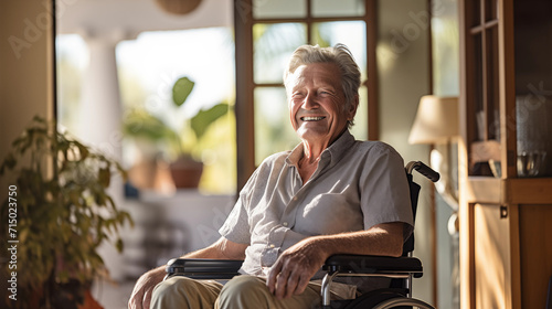 Senior elderly man, in a wheelchair, sits in his home, smiling and relaxed. Happy senior, home care, home visits. AI generated