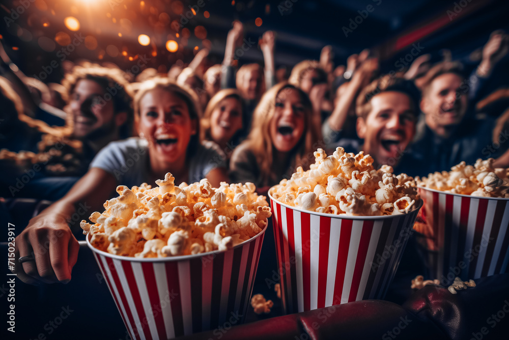 Photography of many people laughing, eating popcorn and watching a comedy movie in the cinema - obrazy, fototapety, plakaty 