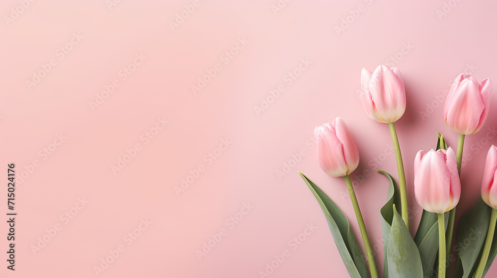 beautiful bunch of pink tulips flowers on decent pastel rose background - the background offers lots of space for text - obrazy, fototapety, plakaty 