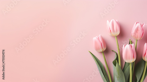 beautiful bunch of pink tulips flowers on decent pastel rose background - the background offers lots of space for text #715024176