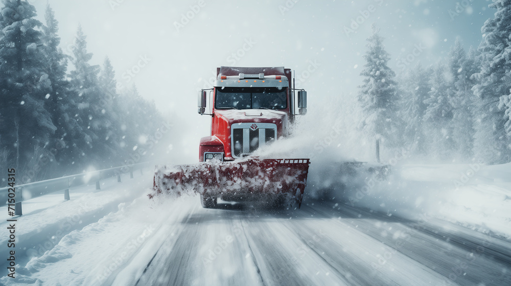 Snow removal vehicle cleaning the road in the rural area during heavy snowstorm. Red snowplough working on a highway in remote countryside in cold climate during winter. Snow removal vehicle cleaning the road in the rural area during heavy snowstorm. Red snowplough working on a highway in remote countryside in cold climate during winter.