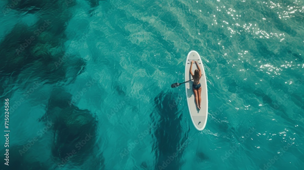 Young woman lying on SUP board in sea, top view. Space for text  - obrazy, fototapety, plakaty 