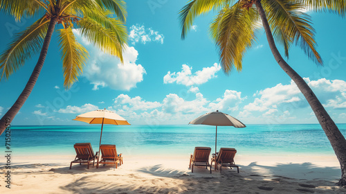 umbrella chairs by the beach at sea with palm trees and blue sky