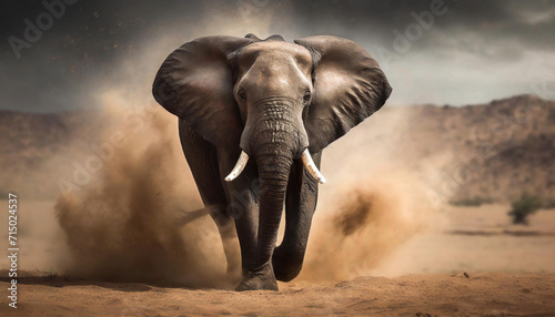 Amazing elephant with dust and sand on desert background. A large animal runs towards the camera