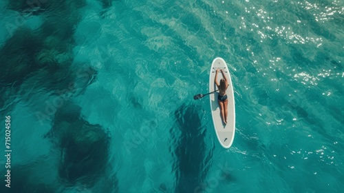 Young woman lying on SUP board in sea, top view. Space for text  photo