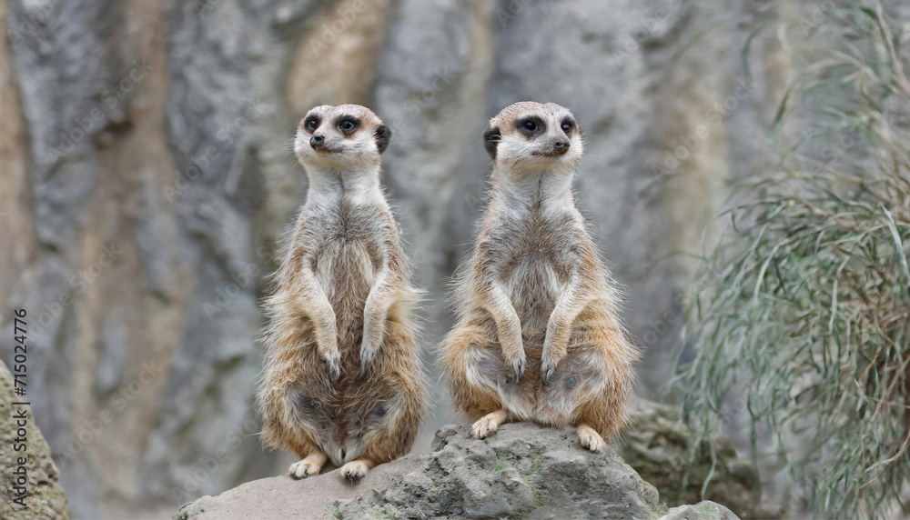 Two Meerkats Suricata, suricatta on lookout, wild life Two Meerkats Suricata, suricatta on lookout, wild life