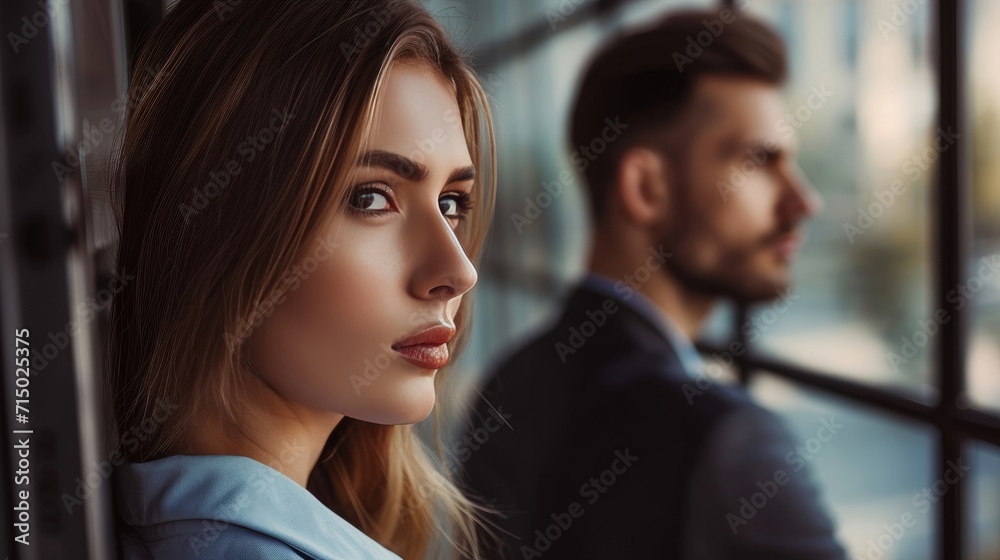 Dramatic pose of a young couple, tells a story, handsome male CEO staring at the beautiful female, female looking away as though she's hiding something 