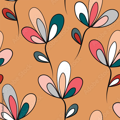 Seamless floral pattern based on traditional folk art ornaments. Colorful flowers on light background. Scandinavian style. Sweden nordic style. Vector illustration. Simple minimalistic pattern