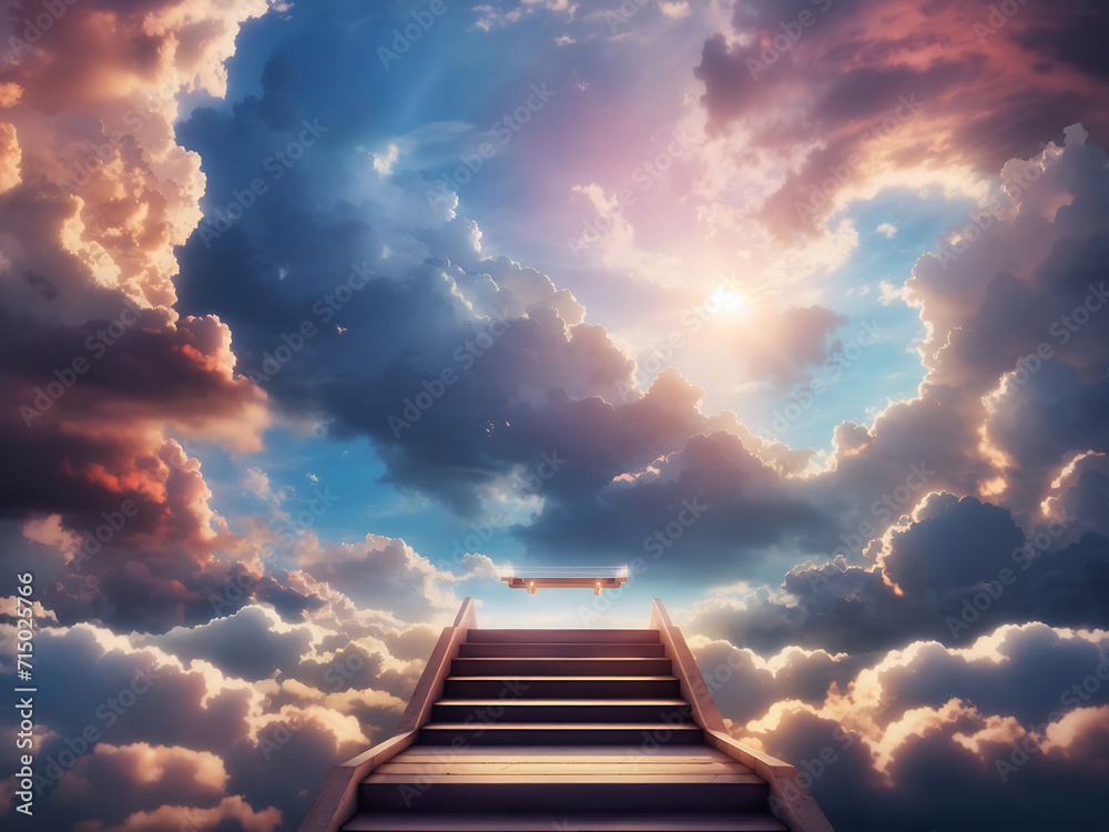 Creative religion concept. The stairway podium leads to the heavenly sky towards the glowing end clouds skies' landscape. Christian religious design.