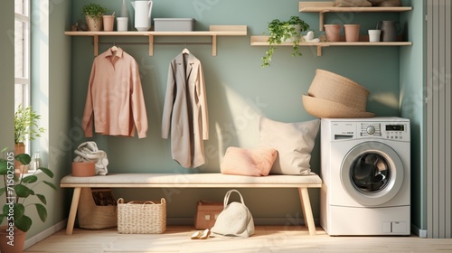 Efficient and Stylish Compact Scandinavian Laundry Area with High-End Appliances and Modern Design - AI-Generative photo