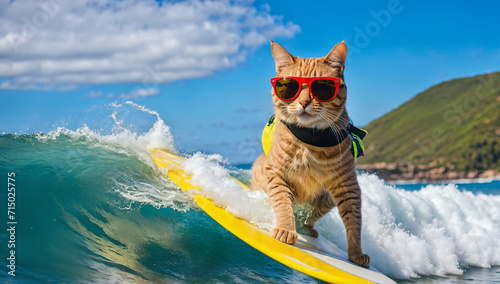 A cat is enjoying a summer vacation, surfing on the waves