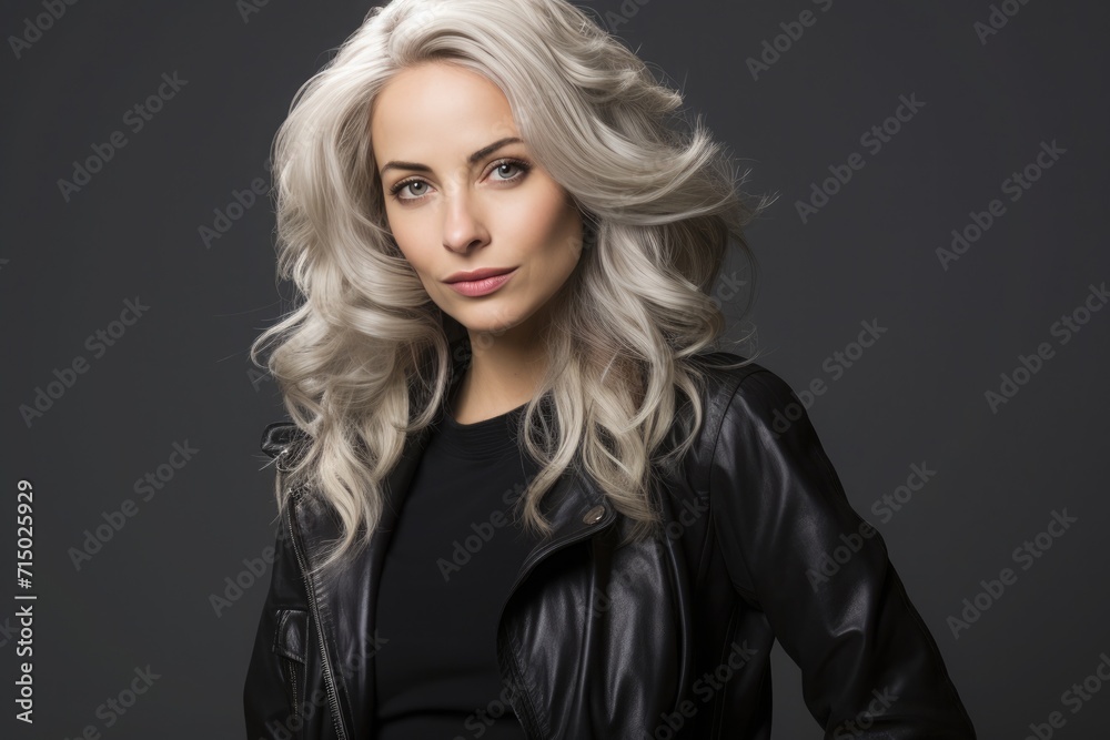 Beautiful woman with shoulder-length gray hair, graceful demeanor, black background Beautiful woman with shoulder-length gray hair, graceful demeanor, black background