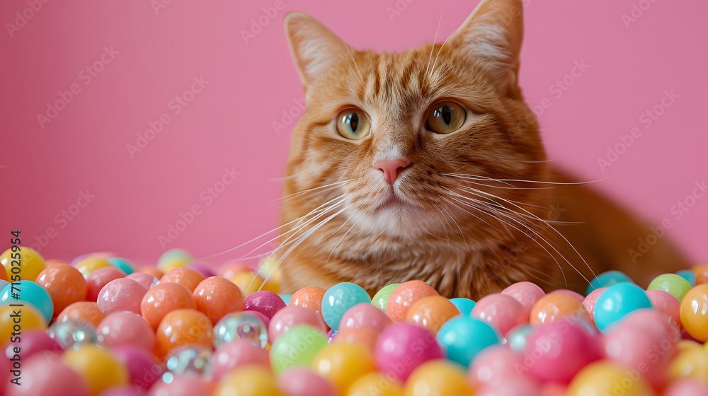 Ginger Cat with Wide Eyes Surrounded by Colorful Gumballs Against Pink Background