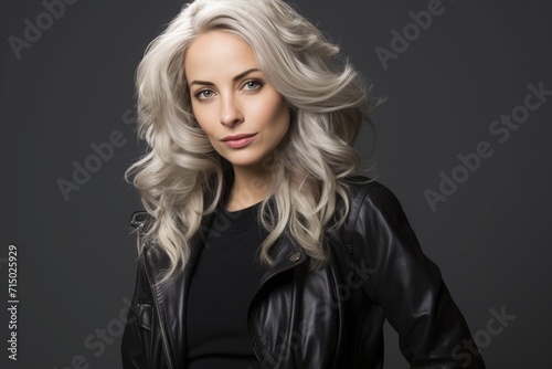 Beautiful woman with shoulder-length gray hair, graceful demeanor, black background