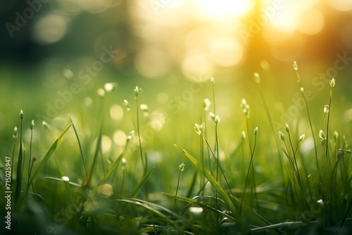 Fresh morning dew glistens on blades of grass as the sunrise filters through.