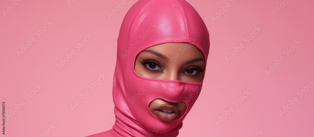 a girl in a pink balaclava. a woman's headdress, a mask cap covering her face. a girl in a pink balaclava. a woman's headdress, a mask cap covering her face.