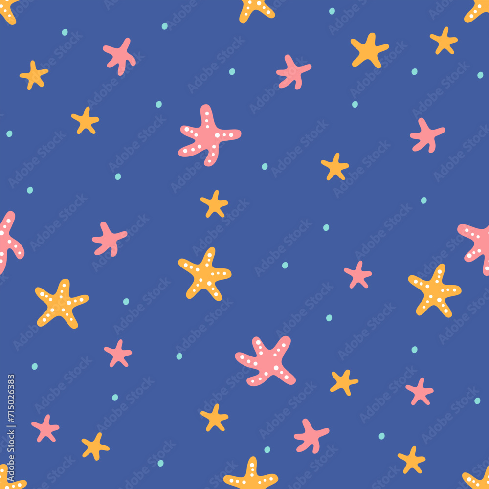 Seamless vector pattern. Cute pink and orange sea stars on a blue background. Illustration in naive style. Vector illustration