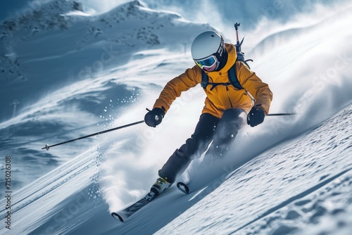 An athlete skier makes a descent on a snowy mountain. Skiing