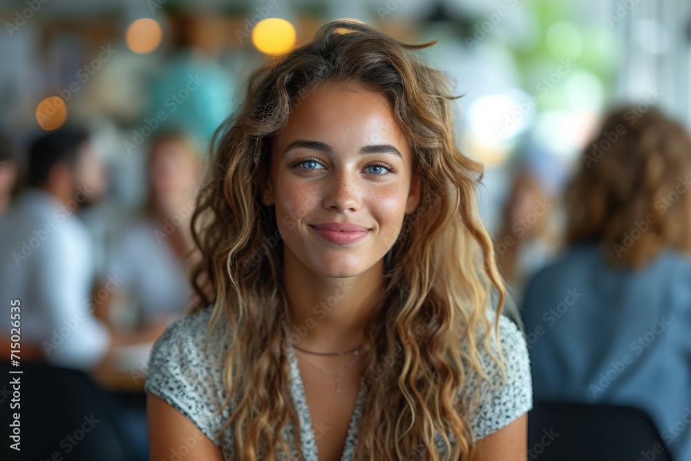 A young, happy woman radiating beauty and confidence, with a cheerful smile and curly hair.