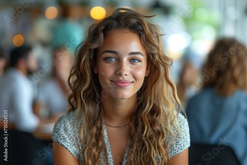 A young  happy woman radiating beauty and confidence  with a cheerful smile and curly hair.