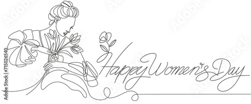Happy Women Day greeting card illustration. line art style drawing diverse woman. Young girl team together for march 8th international womens event. Vector illustration.