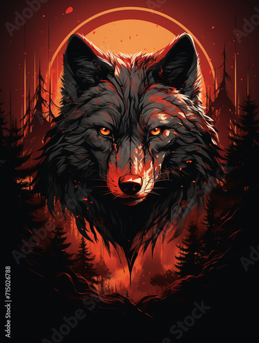 T-shirt design  a black wolf with piercing red eyes set against the mysterious backdrop of a dark forest created with Generative Ai
