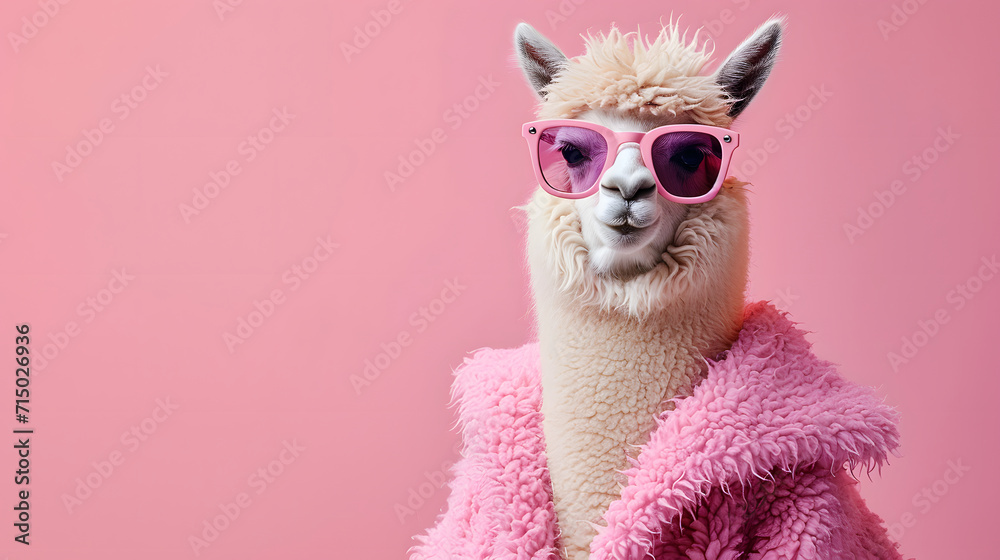 Fashionable Llama in Pink Sunglasses and Fluffy Coat on Pink Background
