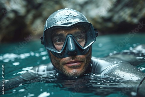 Freediver with glasses on the surface of the water before diving