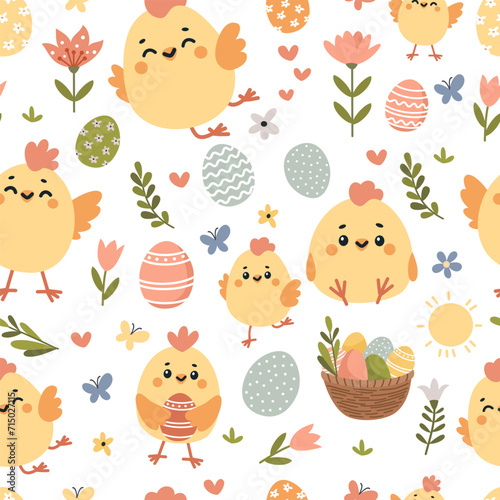 Seamless vector pattern for the holiday of bright Easter. Cute Easter chickens, eggs, flowers and butterflies. Vector illustration
