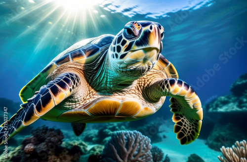 Green sea turtle swimming underwater with sunrays and corals in background
