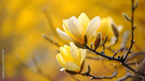 Yellow Magnolia Blossoms in Full Bloom Against Vibrant Background