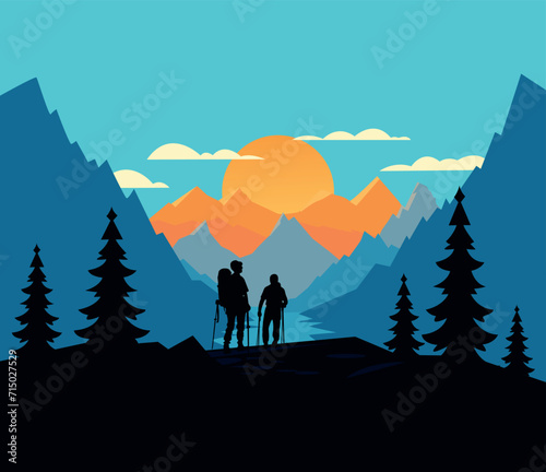 Hiking in the mountain vector landscape design illustration