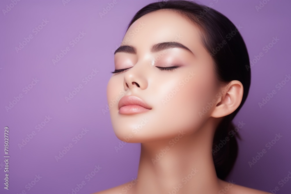 Asian girl with her eyes closed on a studio background. flawless skin, beautiful natural makeup. beauty and health, spa and cosmetology.