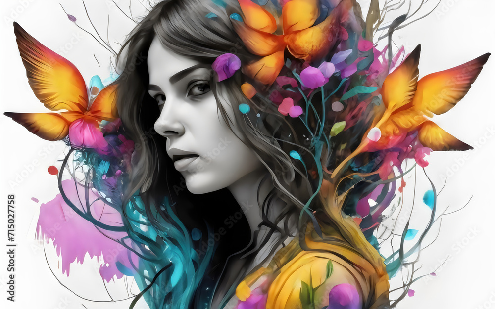 A woman with colorful flowers and butterflies