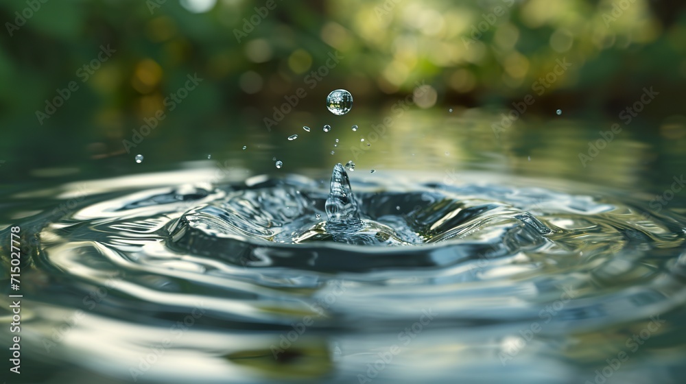 Close-up of a drop of water falling into clear still water forming a ripple. Drop of water falling into a serene lake creating a mirror of the environment.